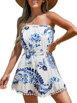 CUPSHE Women's Swimsuit Coverup Strapless Tube Dress Smocked Pom Pom Casual Beach Sundress