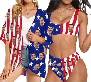 Custom Face Swimsuit Personalized Funny Bikini Set for Women Matching Swim Top Bottom & Beach Cover Up for Swimwear