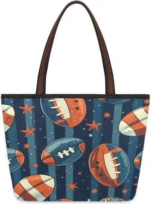 Cute American Football Striped Tote Bag with Zipper 15 Inch Canvas Tote Bag for Women Shoulder Handbag