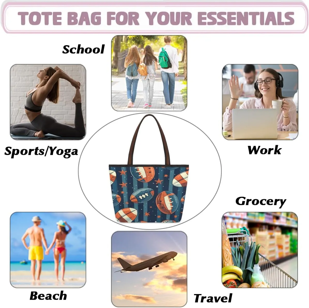 Cute American Football Striped Tote Bag with Zipper 15 Inch Canvas Tote Bag for Women Shoulder Handbag