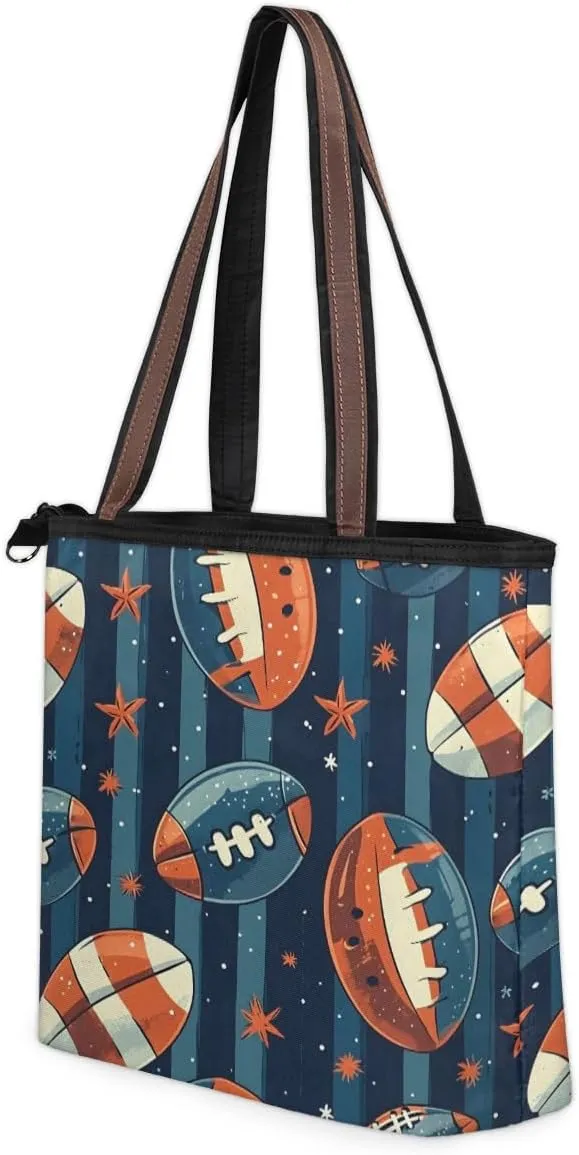 Cute American Football Striped Tote Bag with Zipper 15 Inch Canvas Tote Bag for Women Shoulder Handbag