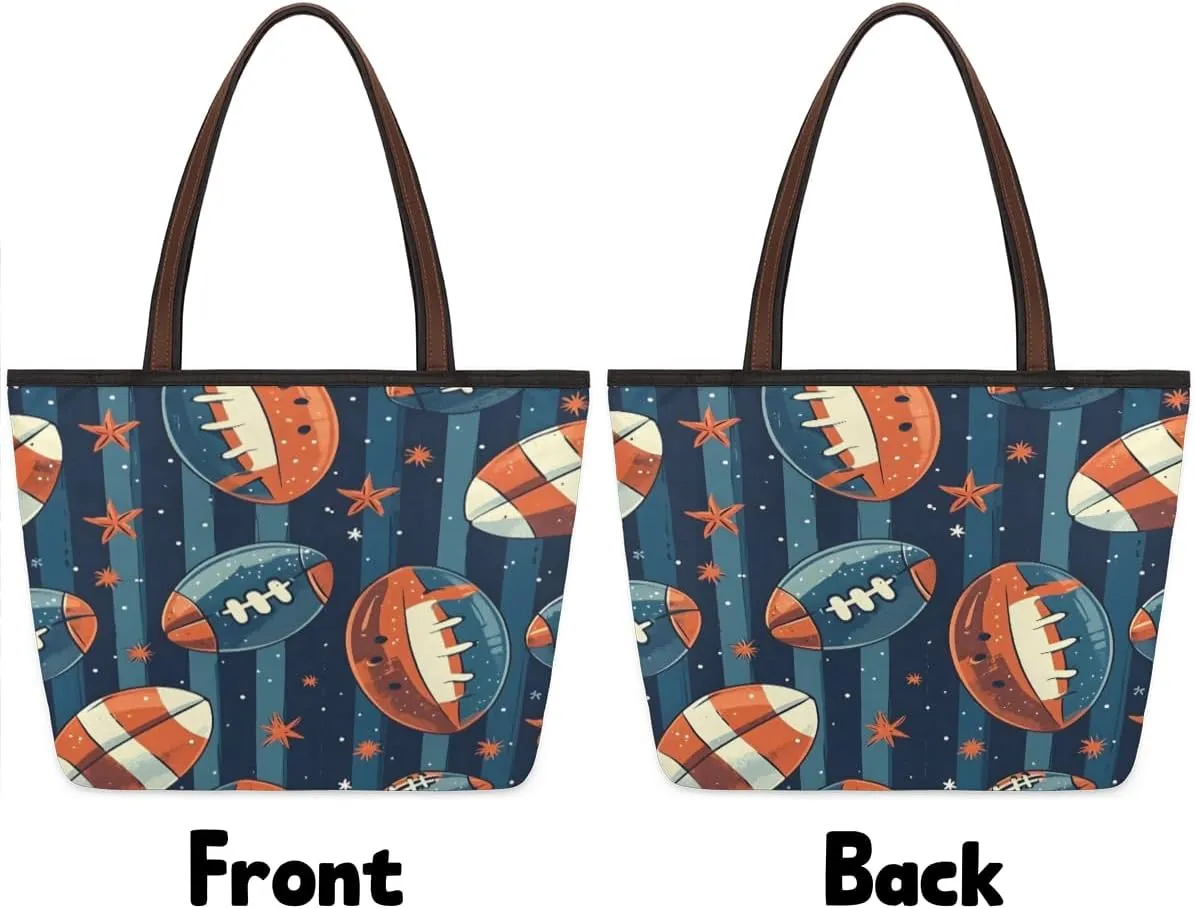 Cute American Football Striped Tote Bag with Zipper 15 Inch Canvas Tote Bag for Women Shoulder Handbag