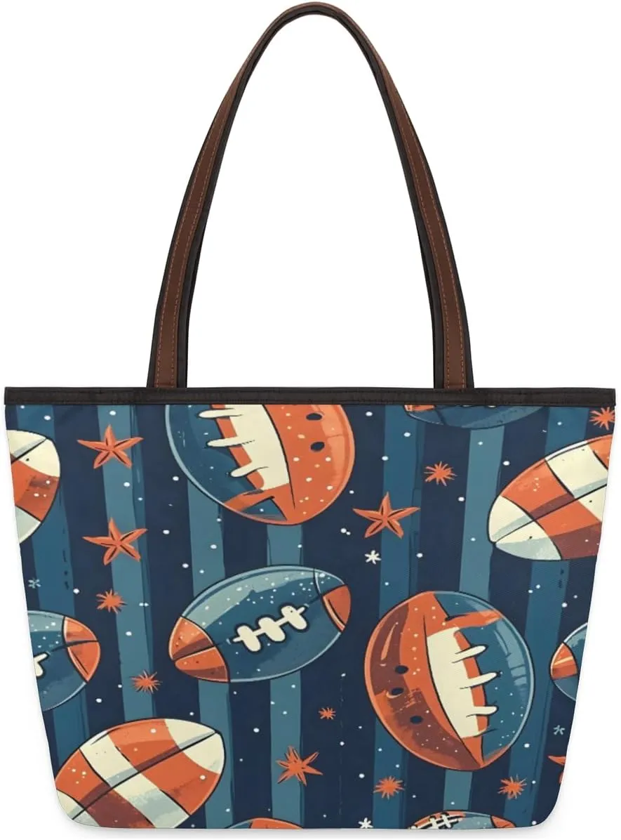 Cute American Football Striped Tote Bag with Zipper 15 Inch Canvas Tote Bag for Women Shoulder Handbag