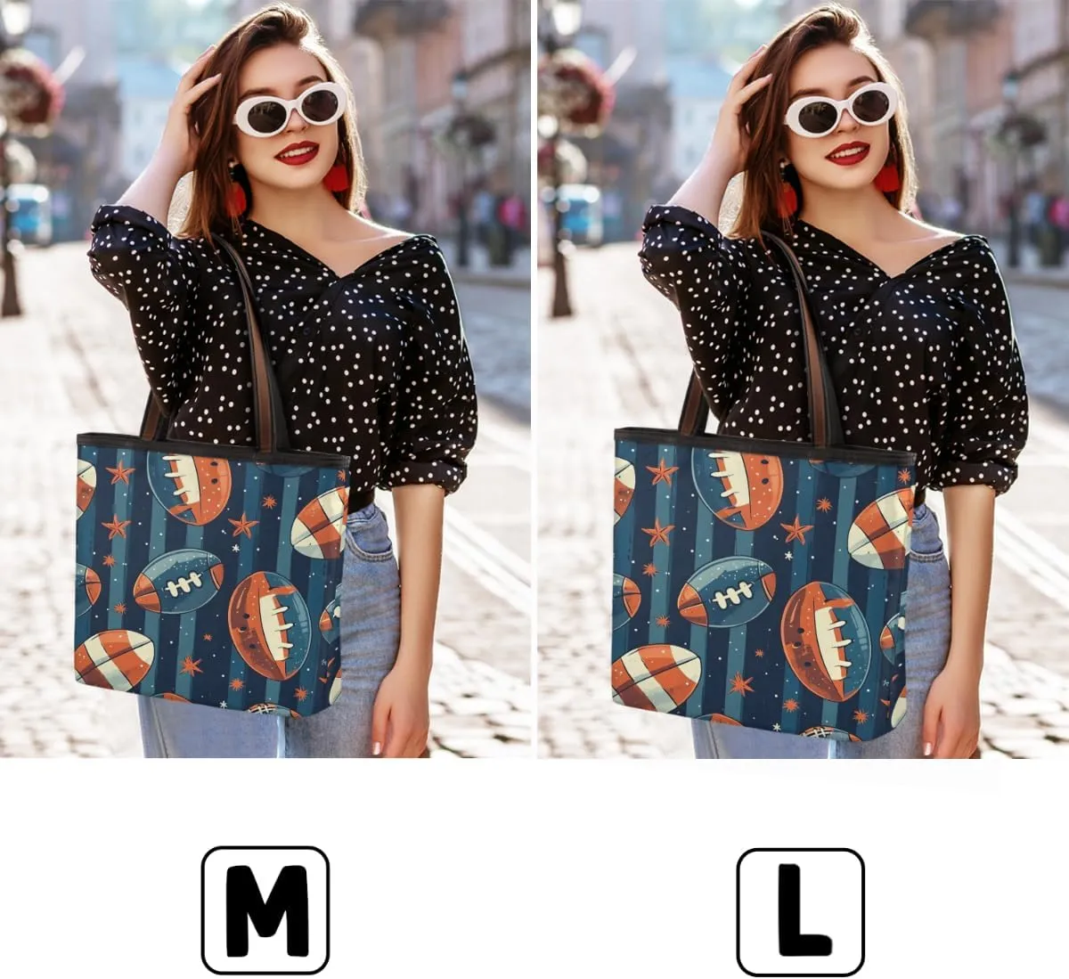 Cute American Football Striped Tote Bag with Zipper 15 Inch Canvas Tote Bag for Women Shoulder Handbag