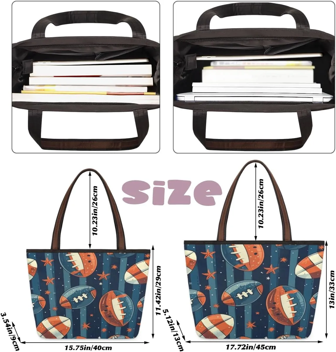 Cute American Football Striped Tote Bag with Zipper 15 Inch Canvas Tote Bag for Women Shoulder Handbag