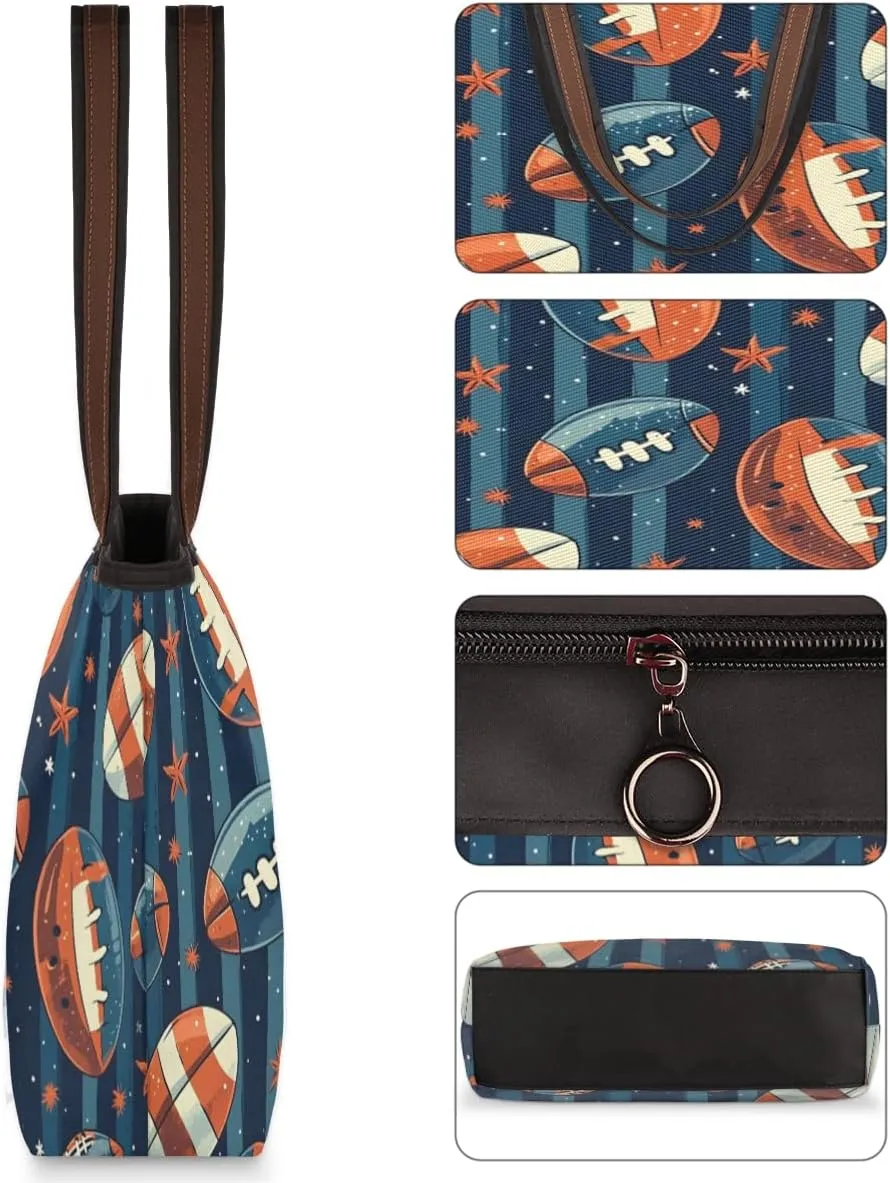 Cute American Football Striped Tote Bag with Zipper 15 Inch Canvas Tote Bag for Women Shoulder Handbag