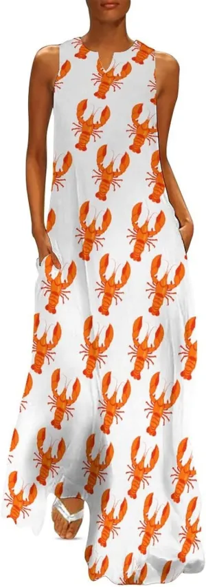 Cute Lobster Sleeveless Loose Maxi Dress for Women Summer V Neck Casual Beach Sundress Skirt