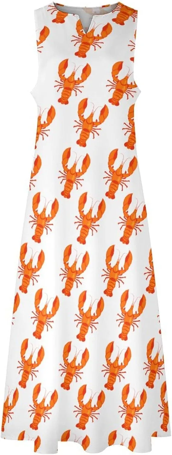 Cute Lobster Sleeveless Loose Maxi Dress for Women Summer V Neck Casual Beach Sundress Skirt