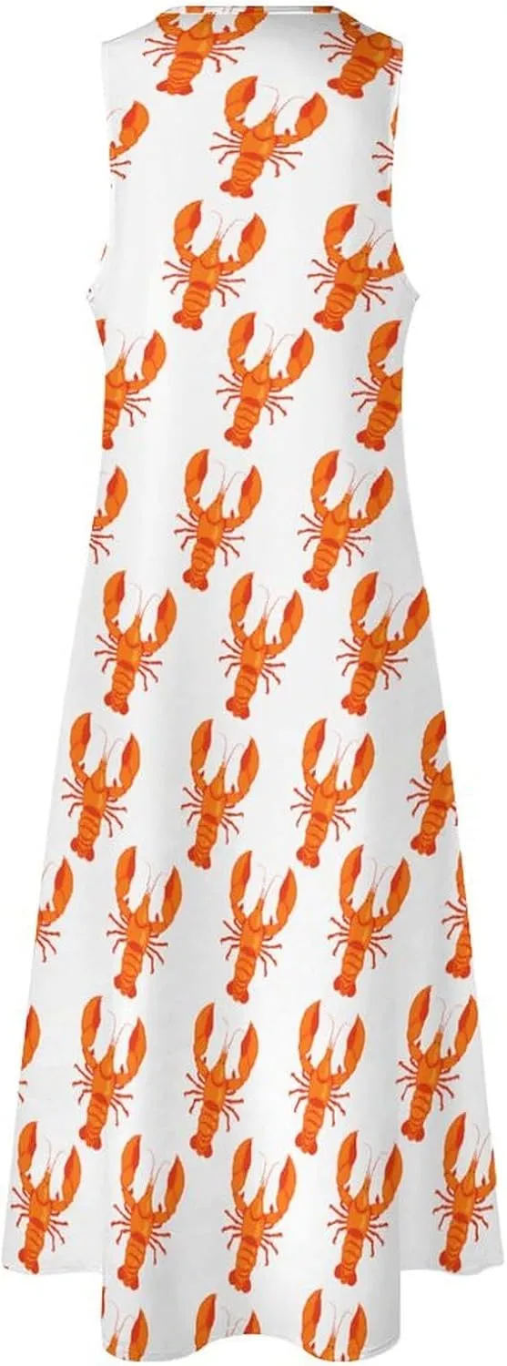 Cute Lobster Sleeveless Loose Maxi Dress for Women Summer V Neck Casual Beach Sundress Skirt