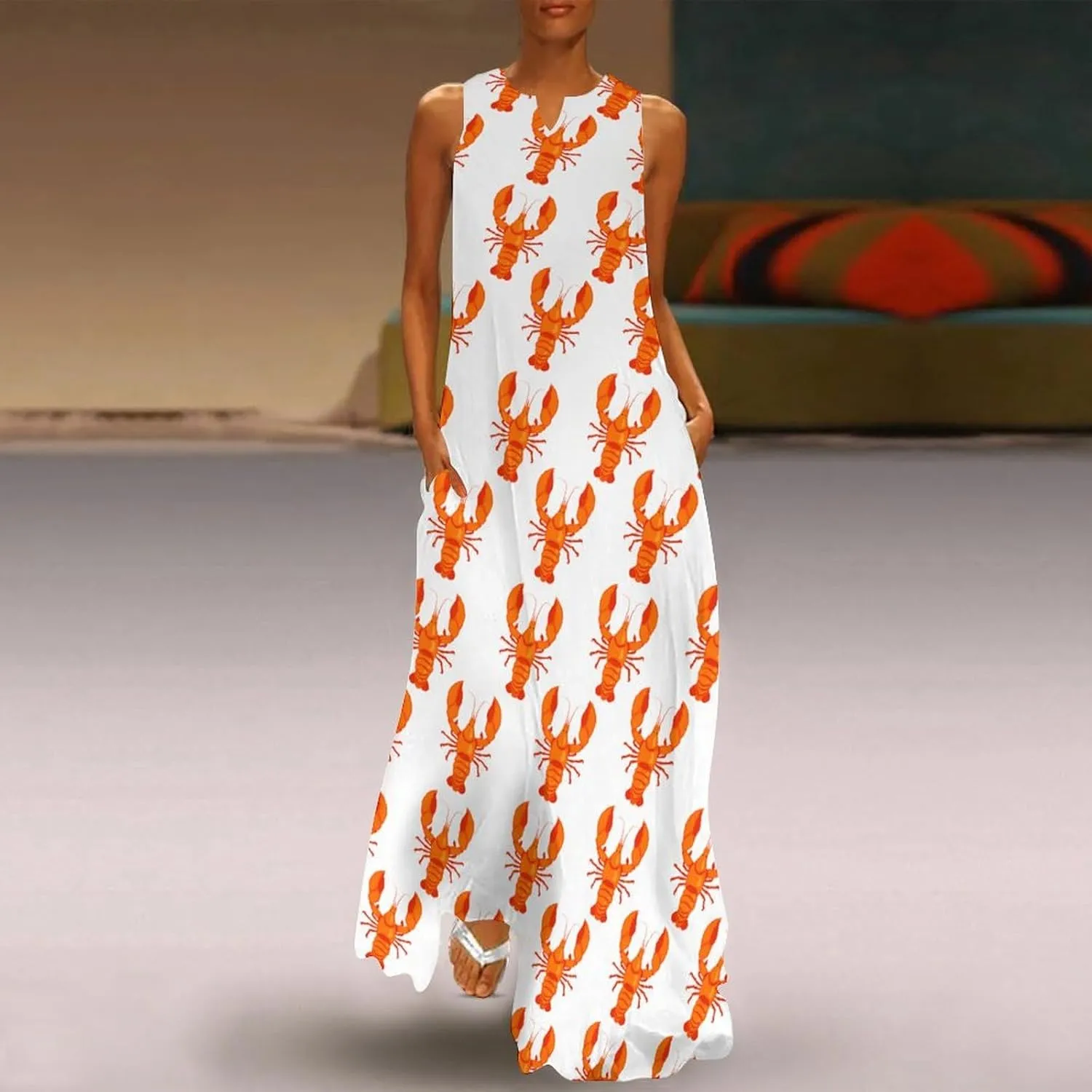 Cute Lobster Sleeveless Loose Maxi Dress for Women Summer V Neck Casual Beach Sundress Skirt