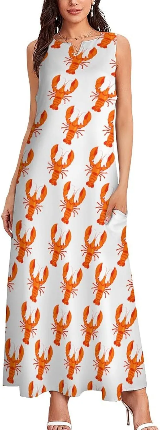 Cute Lobster Sleeveless Loose Maxi Dress for Women Summer V Neck Casual Beach Sundress Skirt