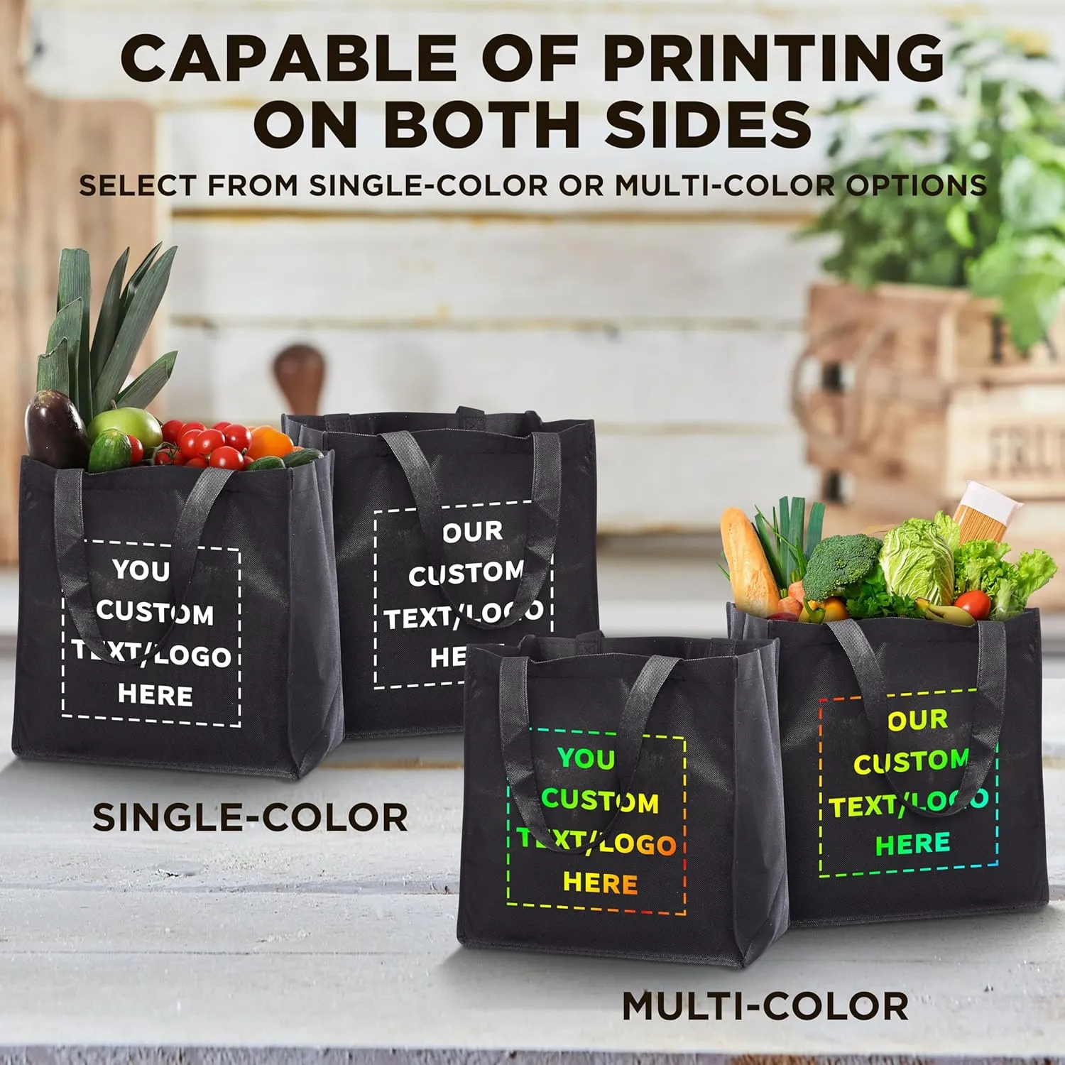 DISCOUNT PROMOS Custom Reusable Cloth Grocery Shopping Tote Bags - 10 Pack - Personalized Logo, Text - Foldable, Washable, Shopper Bag - Black