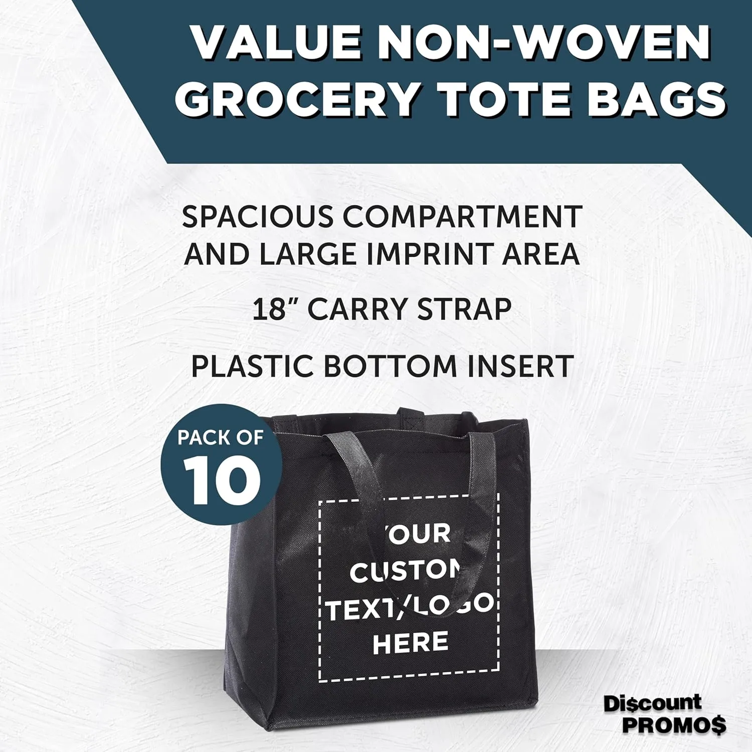 DISCOUNT PROMOS Custom Reusable Cloth Grocery Shopping Tote Bags - 10 Pack - Personalized Logo, Text - Foldable, Washable, Shopper Bag - Black