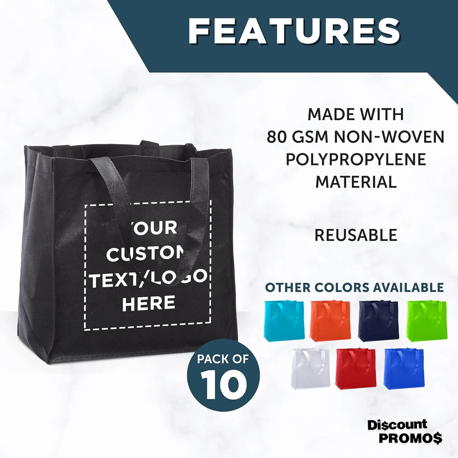 DISCOUNT PROMOS Custom Reusable Cloth Grocery Shopping Tote Bags - 10 Pack - Personalized Logo, Text - Foldable, Washable, Shopper Bag - Black