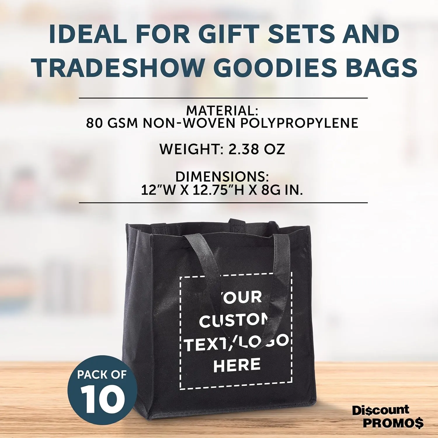 DISCOUNT PROMOS Custom Reusable Cloth Grocery Shopping Tote Bags - 10 Pack - Personalized Logo, Text - Foldable, Washable, Shopper Bag - Black
