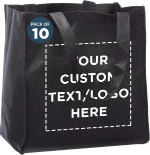 DISCOUNT PROMOS Custom Reusable Cloth Grocery Shopping Tote Bags - 10 Pack - Personalized Logo, Text - Foldable, Washable, Shopper Bag - Black
