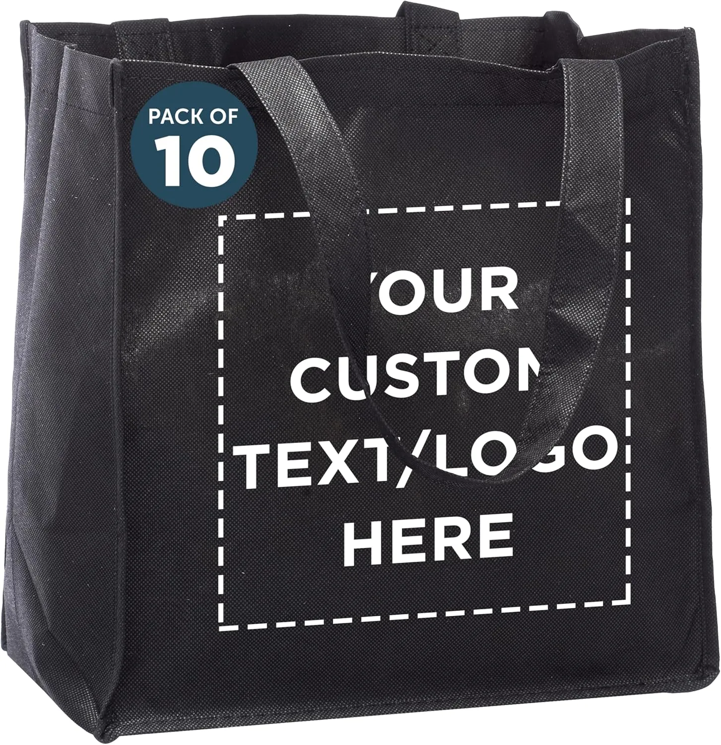 DISCOUNT PROMOS Custom Reusable Cloth Grocery Shopping Tote Bags - 10 Pack - Personalized Logo, Text - Foldable, Washable, Shopper Bag - Black