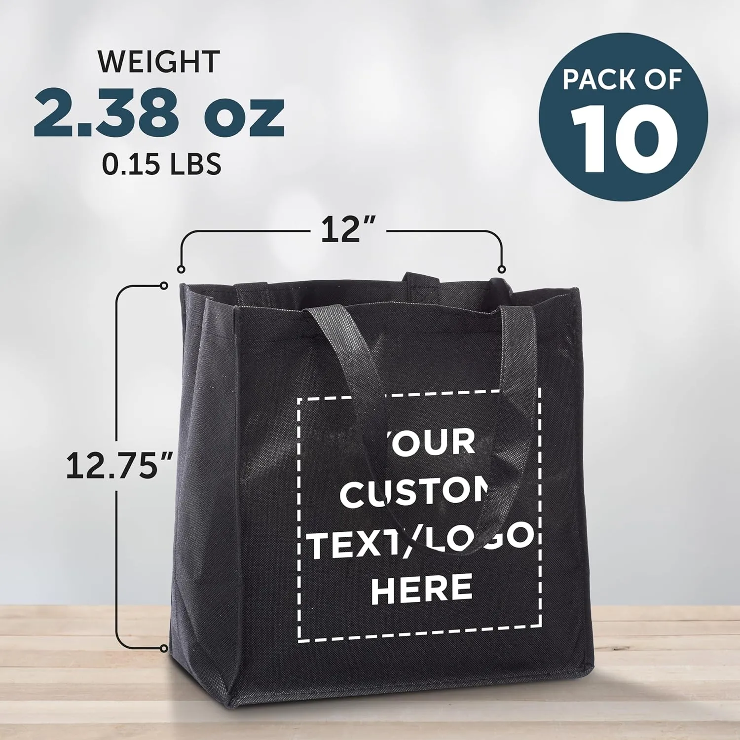 DISCOUNT PROMOS Custom Reusable Cloth Grocery Shopping Tote Bags - 10 Pack - Personalized Logo, Text - Foldable, Washable, Shopper Bag - Black