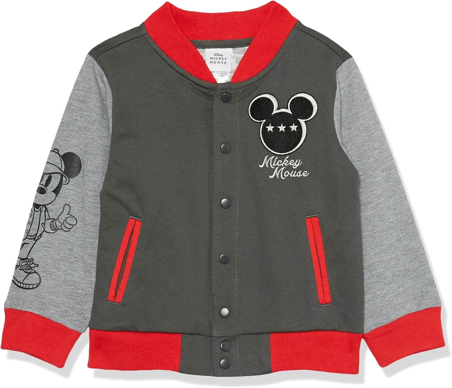 Disney Boys' Mickey Mouse French Terry Button Up Varsity Bomber Jacket Toddler to Big Kid