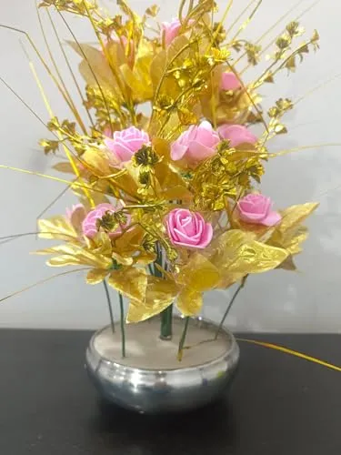 DN Enterprises Artificial Flowers with Pot for Decoration for Table top, Home Decor, Office Decor, Rose Flower Pot 40cm Height (Gold Pink)