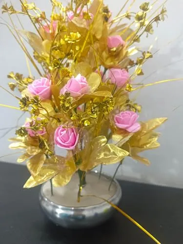 DN Enterprises Artificial Flowers with Pot for Decoration for Table top, Home Decor, Office Decor, Rose Flower Pot 40cm Height (Gold Pink)