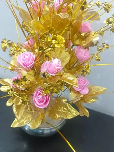 DN Enterprises Artificial Flowers with Pot for Decoration for Table top, Home Decor, Office Decor, Rose Flower Pot 40cm Height (Gold Pink)
