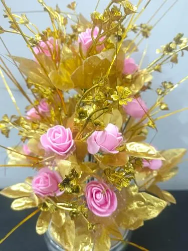 DN Enterprises Artificial Flowers with Pot for Decoration for Table top, Home Decor, Office Decor, Rose Flower Pot 40cm Height (Gold Pink)