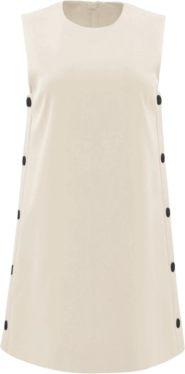 Dqbeng Women's Casual Mini Shift Dress Tunic A-Line Sleeveless Buttoned Summer Dresses with Back Zipper