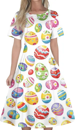 Easter Dresses for Women 2025 Spring Casual Short Sleeve Swing Flowy Beach Mini Vacation Dress