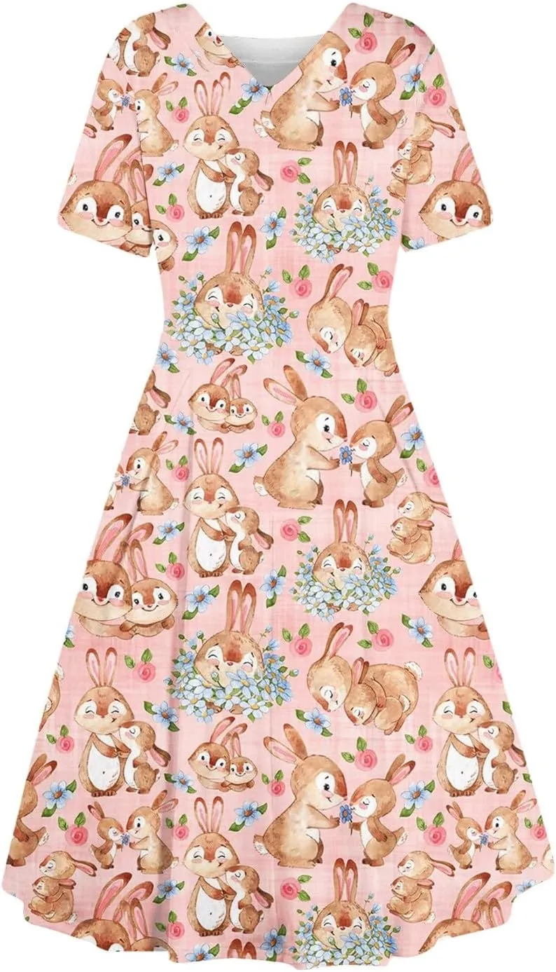 Easter Dresses for Women 2025 Spring Casual Short Sleeve Swing Flowy Beach Mini Vacation Dress