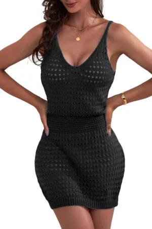 Ecolley Womens Swimwear Bikini Cover Ups Summer Beach Spaghetti Strap Dresses Knit Bathing Suit Crochet Hollow Out V Neck