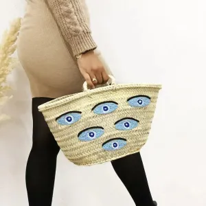 Evil Eye Straw French Market Basket