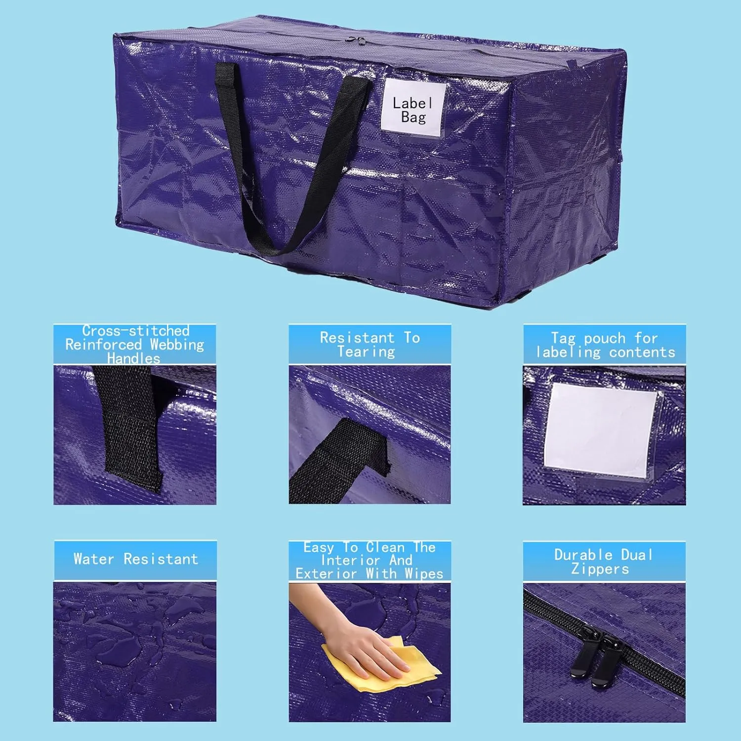 Extra Large Moving Bags,Collapsible Storage Bins,Heavy Duty Tote,Oversized Packing Supplies with Strong Handles,Large Bags With Smooth Zipper,Storage Boxes Alternative (Blue,6Pack)
