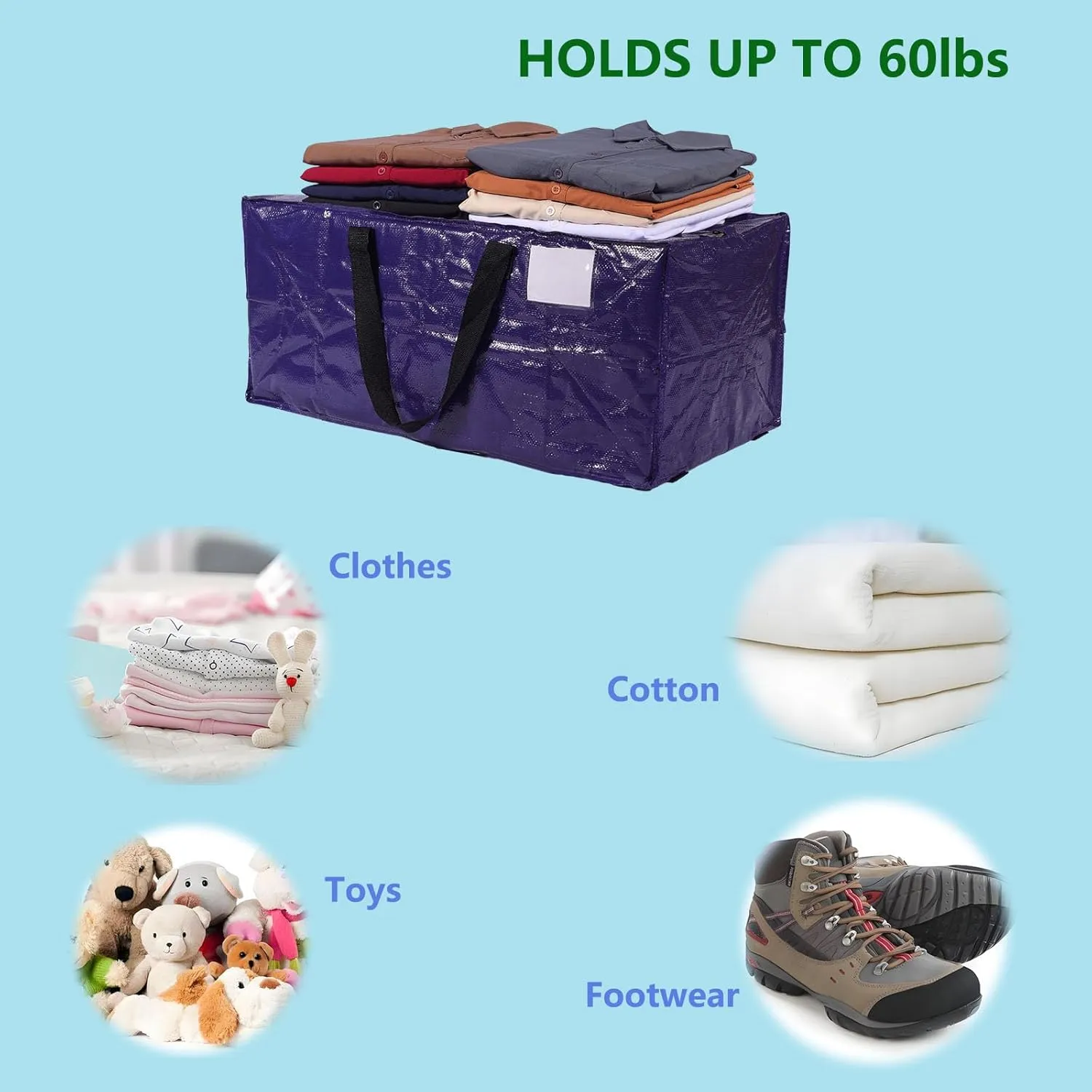Extra Large Moving Bags,Collapsible Storage Bins,Heavy Duty Tote,Oversized Packing Supplies with Strong Handles,Large Bags With Smooth Zipper,Storage Boxes Alternative (Blue,6Pack)