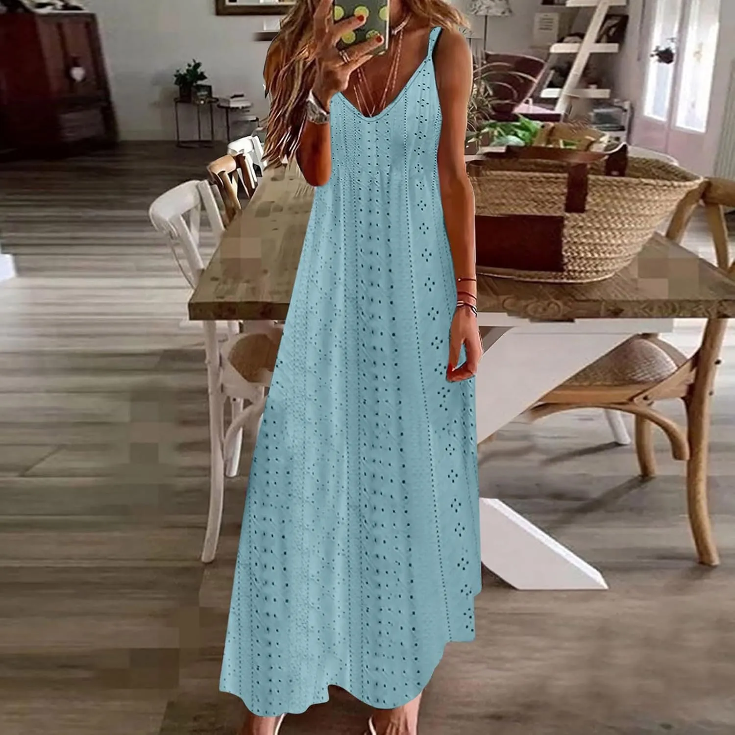 Eyelet Dress for Women Casual Loose V Neck Halter Tank Long Dress Vacation Boho Beach Maxi Sundresses Summer Dresses