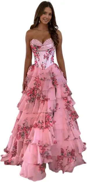 FANGHEIA Floral Print Prom Dresses 2025 Strapless Chiffon Tiered Corset Formal Dress Evening Party Gown with Slit