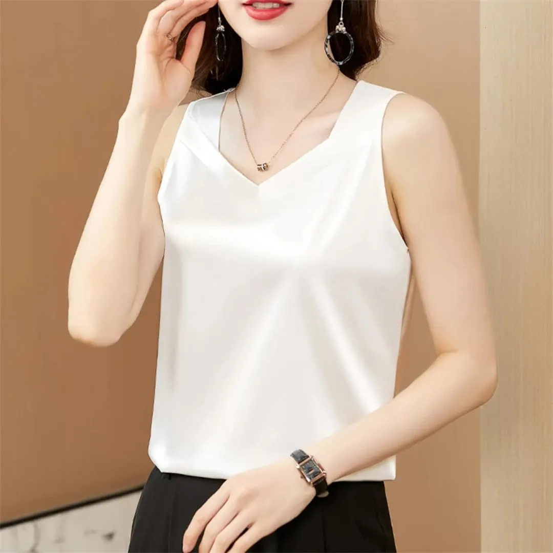 Fashion Strap Tops Women V Neck Satin Basic Tank Tops All-Match Camisole Suspender Casual Woman Clothing
