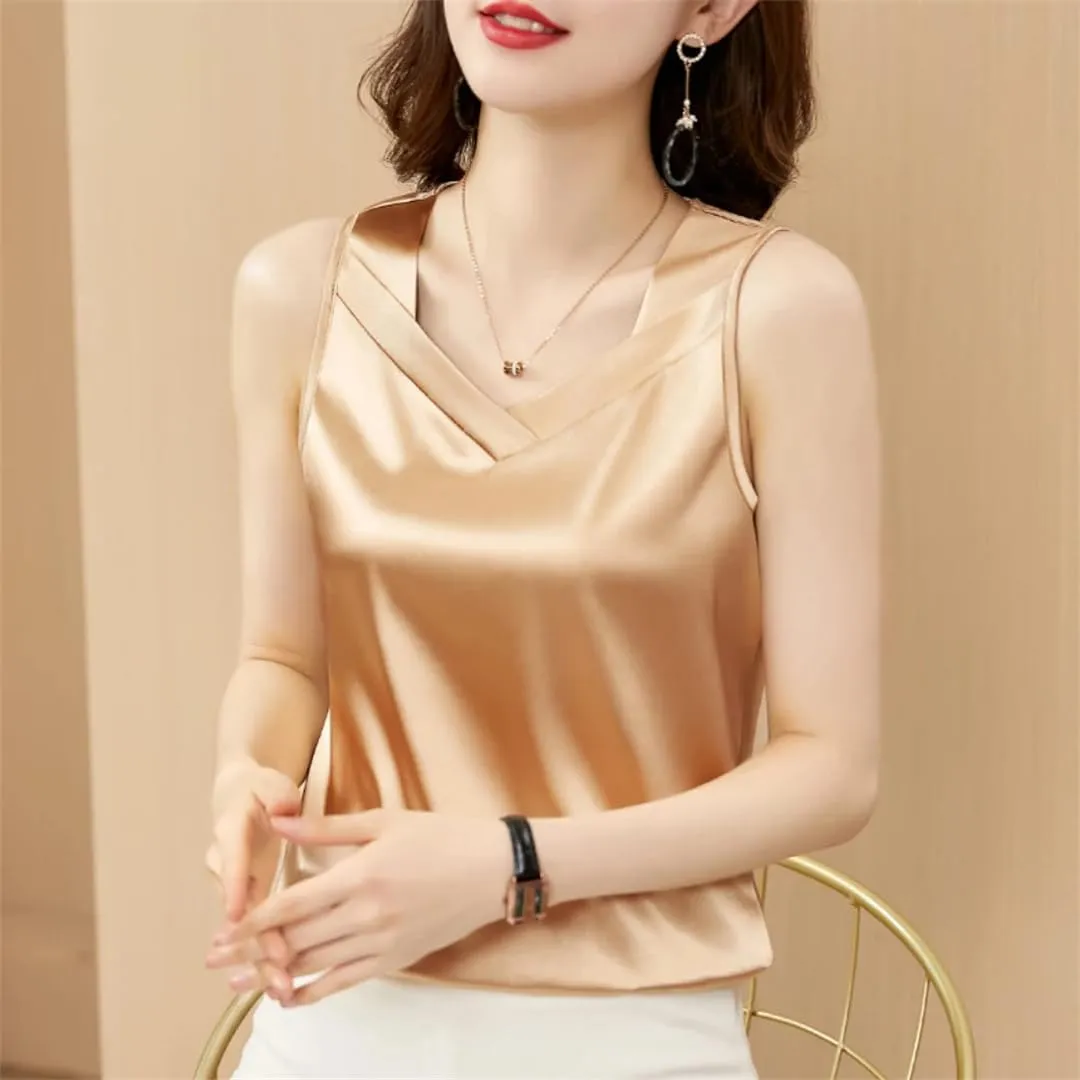 Fashion Strap Tops Women V Neck Satin Basic Tank Tops All-Match Camisole Suspender Casual Woman Clothing