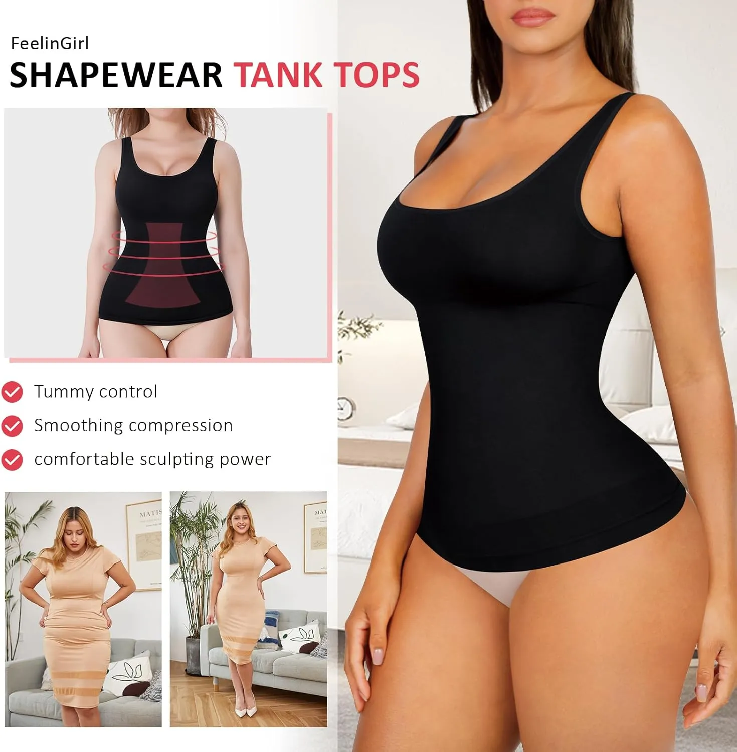 FeelinGirl Tummy Control Shapewear Tank Tops Seamless Compression Tops Slimming Body Shaper Wide Strap Camisole
