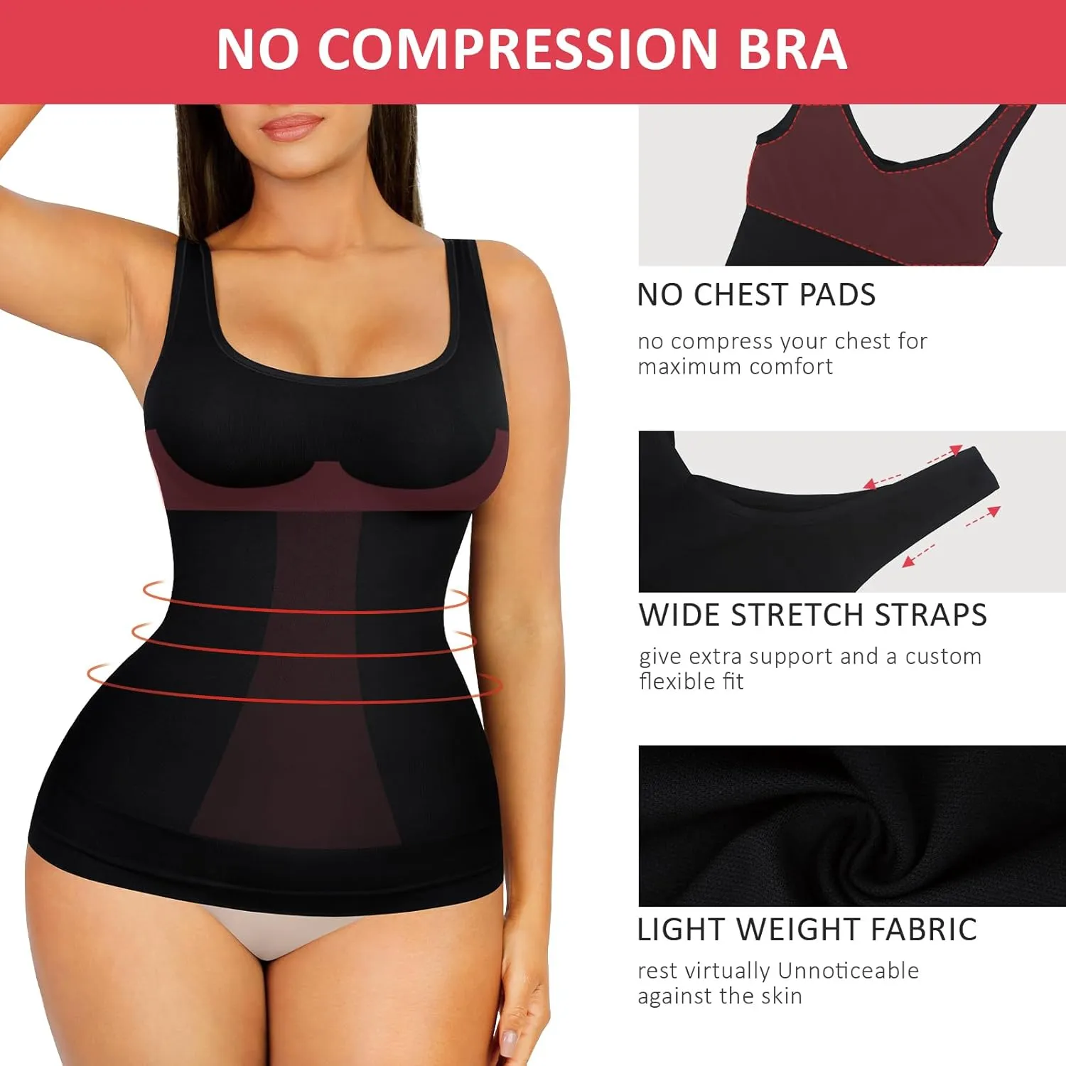 FeelinGirl Tummy Control Shapewear Tank Tops Seamless Compression Tops Slimming Body Shaper Wide Strap Camisole