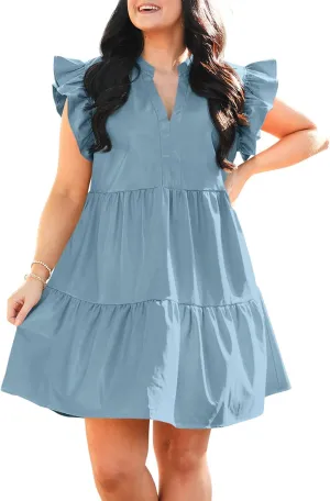 Fisoew Plus Size Dresses for Women Summer Ruffle Short Sleeve V Neck Dress Tiered Swing A Line Babydoll Mini Dress