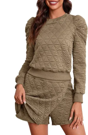 Fisoew Women's 2 Piece Lounge Wear Set Long Sleeve Argyle Sweatshirts and Wrap Skorts Casual Sets