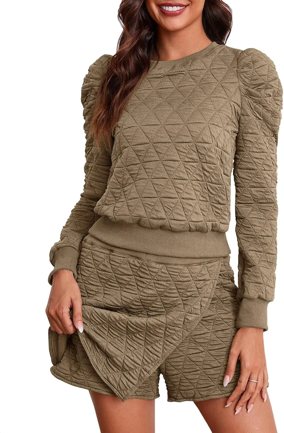 Fisoew Women's 2 Piece Lounge Wear Set Long Sleeve Argyle Sweatshirts and Wrap Skorts Casual Sets