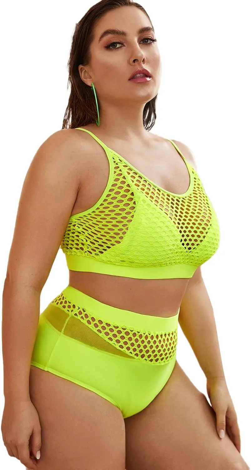 Floerns Women's Plus Size Bathing Suit Fishnet High Waist Bikini Set Rave Outfit