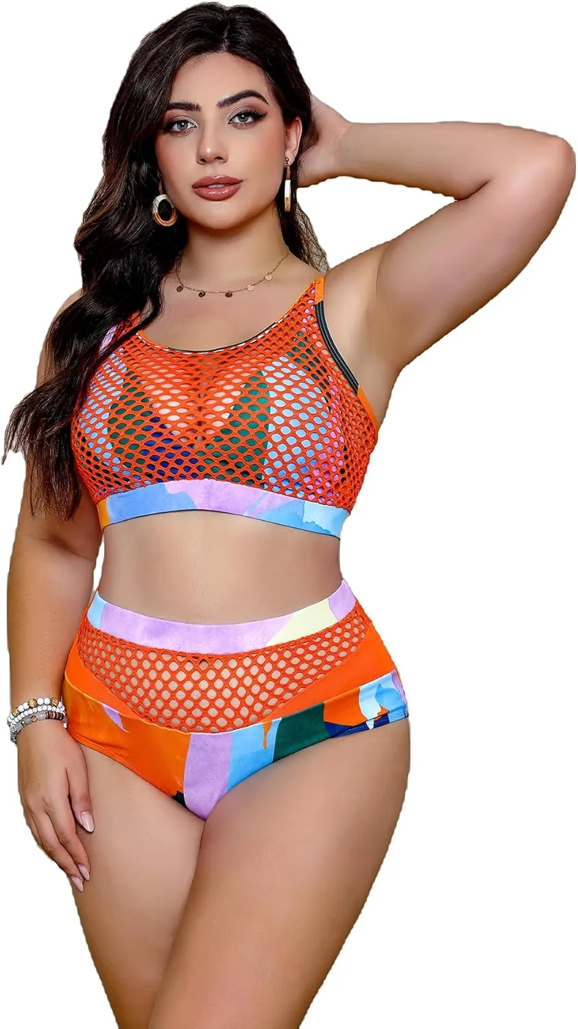 Floerns Women's Plus Size Bathing Suit Fishnet High Waist Bikini Set Rave Outfit