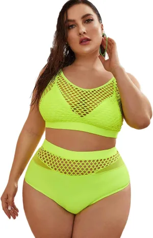 Floerns Women's Plus Size Bathing Suit Fishnet High Waist Bikini Set Rave Outfit