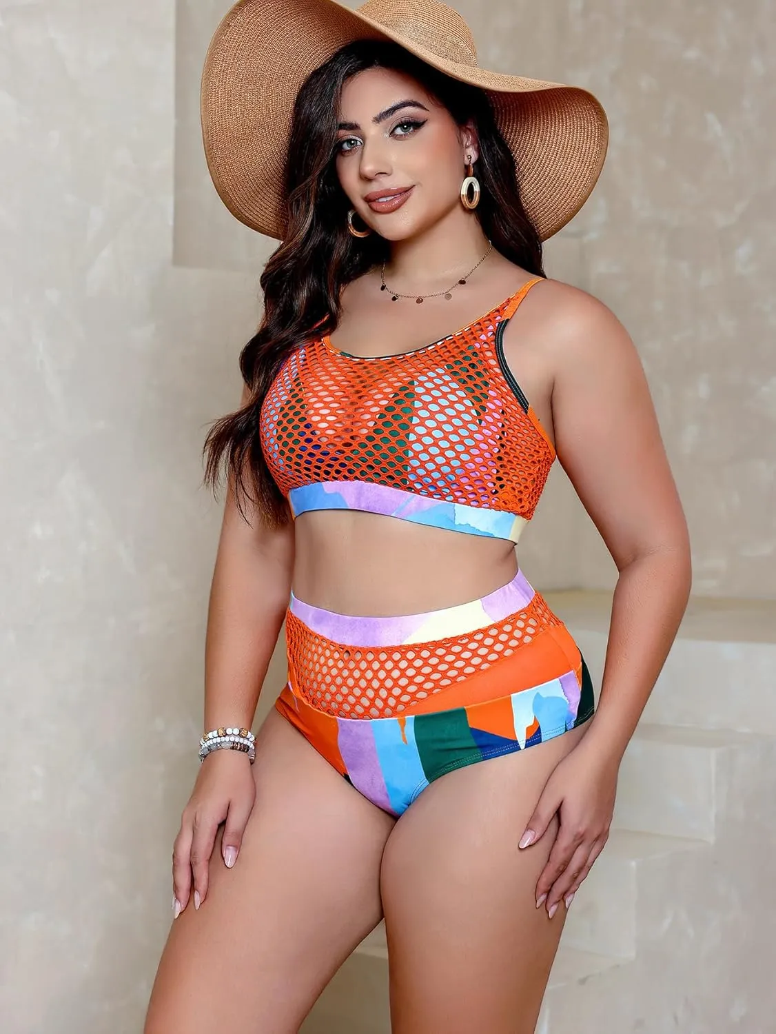 Floerns Women's Plus Size Bathing Suit Fishnet High Waist Bikini Set Rave Outfit