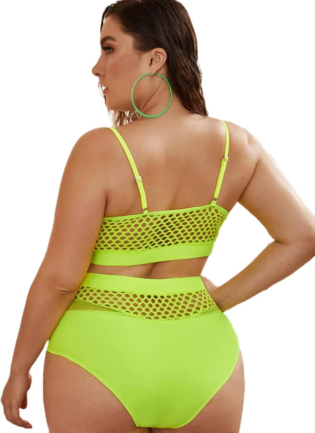 Floerns Women's Plus Size Bathing Suit Fishnet High Waist Bikini Set Rave Outfit