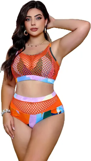 Floerns Women's Plus Size Bathing Suit Fishnet High Waist Bikini Set Rave Outfit