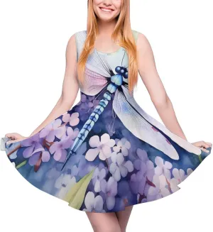 Floral Dragonfly Women's Dress Round Neck Dress Sleeveless Tank Dress Ruffle Hem Mini Dresses M